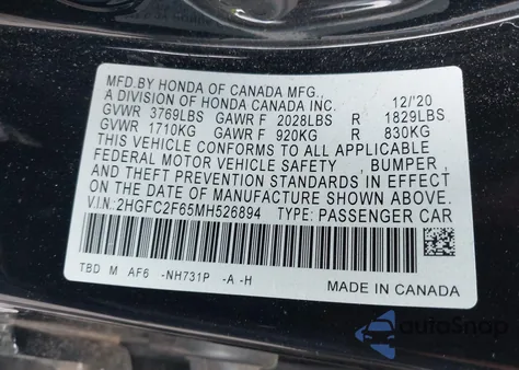 2021 Honda Civic Lx z USA, uszkodzony, nr VIN 2HGFC2F65MH526894